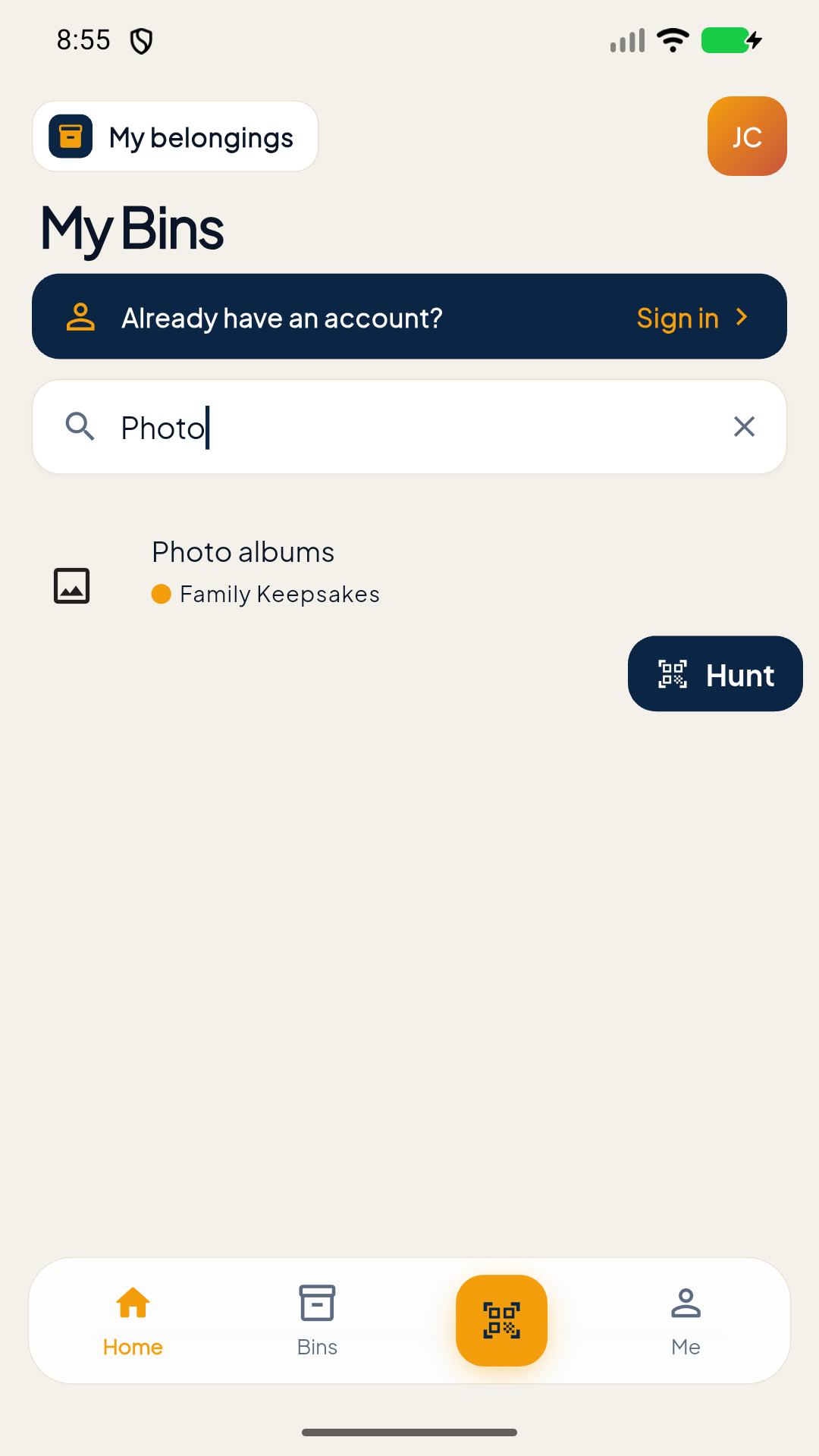 Search results for a stored belonging